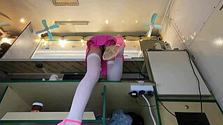 Boss adjusts Alice's panties for optimal pussy display outdoors