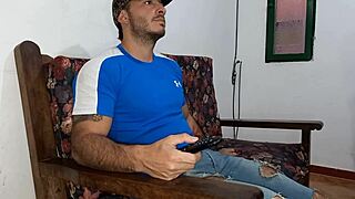 Girlfriend interrupts football for footjob and creampie