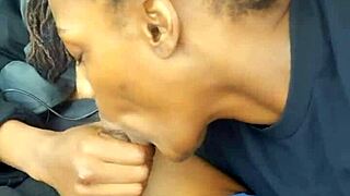 Sexy Black MILF Gives Daddy Blowjob in Car with Big Tits and Monster Cock