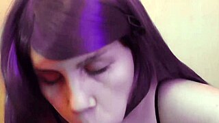 Naughty purple bitch sucks cock pov, handjob, and cum on face 😈