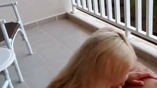blonde athletic babe rides and sucks on vacation balcony