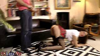 The British MILF in stockings and heels receives hardcore oral before a cumshot.