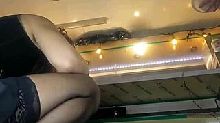 That sexy MILF in lingerie flashes her pussy under skirt, showing long legs and ass in voyeur upskirt.