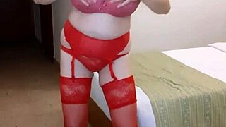 wow, this milf with huge tits is stripping and playing with her dildo in lingerie 😍