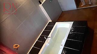 Peep voyeur housewife washes in shower with soap shaves pussy in bath