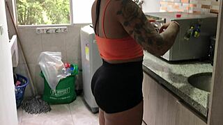 Spying on my hermanastra's big brunette ass in tight shorts unnoticed