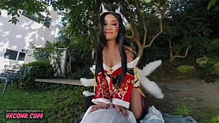 i'm avery black cosplaying as ahri, riding cock in outdoor vr scene