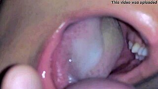 She swallows fresh cum on tongue