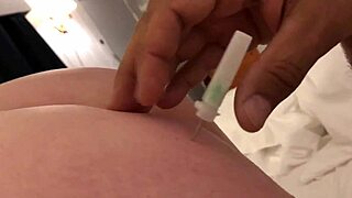 Chubby blonde enjoys needles in her ass during blowjob 😈