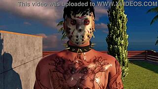 Blonde tattooed teen gives blowjob to surprise visitor bent over.