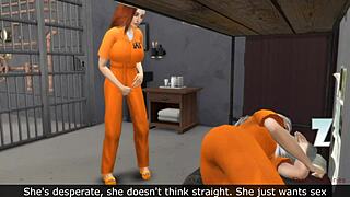 Lesbians have hot sex in prison while the policeman masturbates