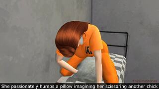 Lesbians have hot sex in prison while the policeman masturbates