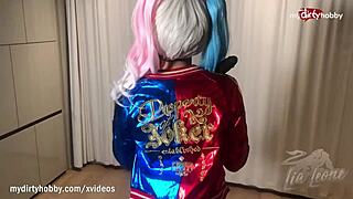 Busty babe Lia Leone cosplays as naughty Harley Quinn with toys