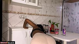 Pregnant housewife cleans kitchen in sheer, gets fucked 😘