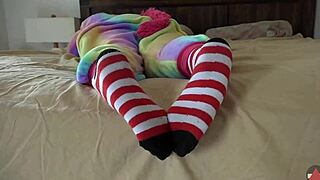 ASIAN COSPLAYER RIPS SOCKS IN STRIPTEASE FETISH.