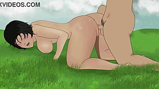 Mikasa bent over, nailed doggy style in wild bushes