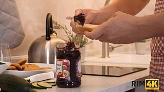 Wife passionately worships husband's ass in the kitchen while he cooks