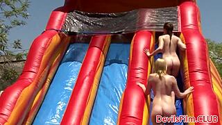 lesbians strapon fuck outdoors in group