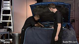 Two gay mechanics get horny and start fucking in the garage