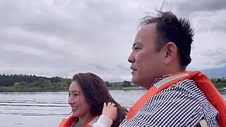 Mini-skirt adventure on a boat at Lake Kawaguchi in Yamanashi, Japan. A unique cultural experience unfolds.