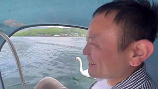 Mini-skirt adventure on a boat at Lake Kawaguchi in Yamanashi, Japan. A unique cultural experience unfolds.
