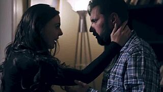 Brunette in wild threesome with guy and Aura doll action.