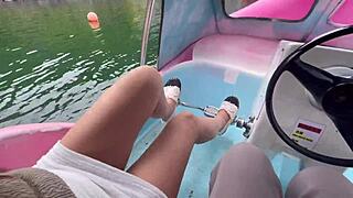 Mini-skirt adventure on a boat at Lake Kawaguchi in Yamanashi, Japan. A unique cultural experience unfolds.