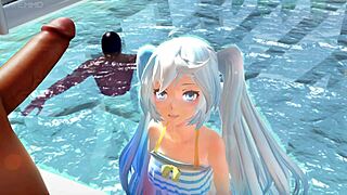 Miku wordt geil nat tijdens zwembad fotoshoot.