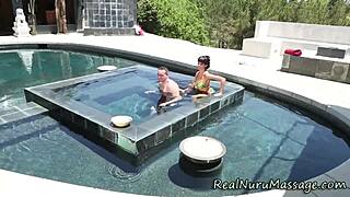 Creampied masseuse rides hard in nuru massage session