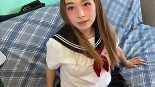 Damn, tiny Japanese schoolgirl uniform babe in hot POV!