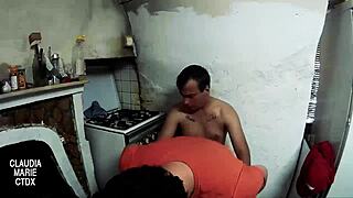 Fat couple fucks messily between the stove and dirt in amateur porn. 😜