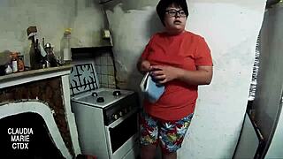 Fat couple fucks messily between the stove and dirt in amateur porn. 😜