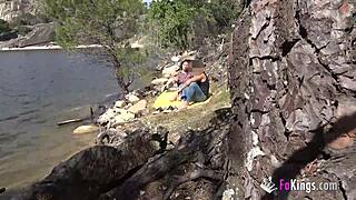 Hot nudist Noa finds random guy to fuck on public beach