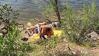 Hot nudist Noa finds random guy to fuck on public beach