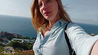 Blonde flaunts big tits in daring public nudity