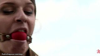 busty euro babe enjoys outdoor public fun with friends.