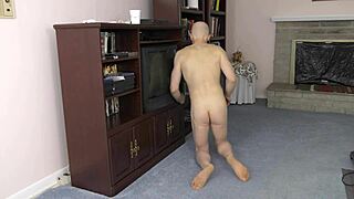 Horny twink flashes small cock at beach while cleaning house.