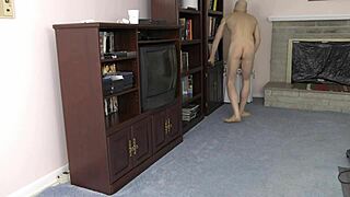 Horny twink flashes small cock at beach while cleaning house.