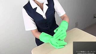 asian expert gives a slick handjob using latex gloves.