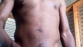 Kneeling and masturbating with big black cock and balls