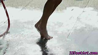 petite babe strokes cock with feet