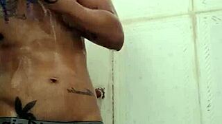 skinny guy cumming on big black cock in bathroom pov