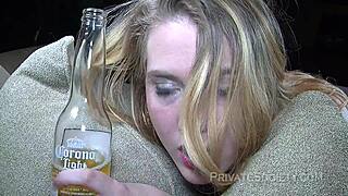 beautiful blonde masturbates on sofa for cute facial in casting