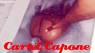 ebony babe bathes with big cock in shower