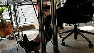 Office worker engages in playful shoe activities during work hours.