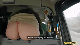 the redhead milf in sexy nylons rides in the fake taxi with pov in public hardcore rough scene.