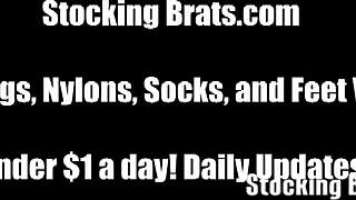 Becky and Chelsea are worshiping feet in stockings.