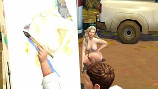 does this beautiful model fuck the painter outdoors?