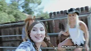 Can you believe these cowgirls spinning on the farmer's throbbing cock at the party?