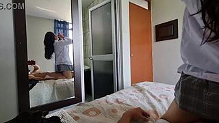 Cute Latina in miniskirt rides POV outdoors, moaning loudly